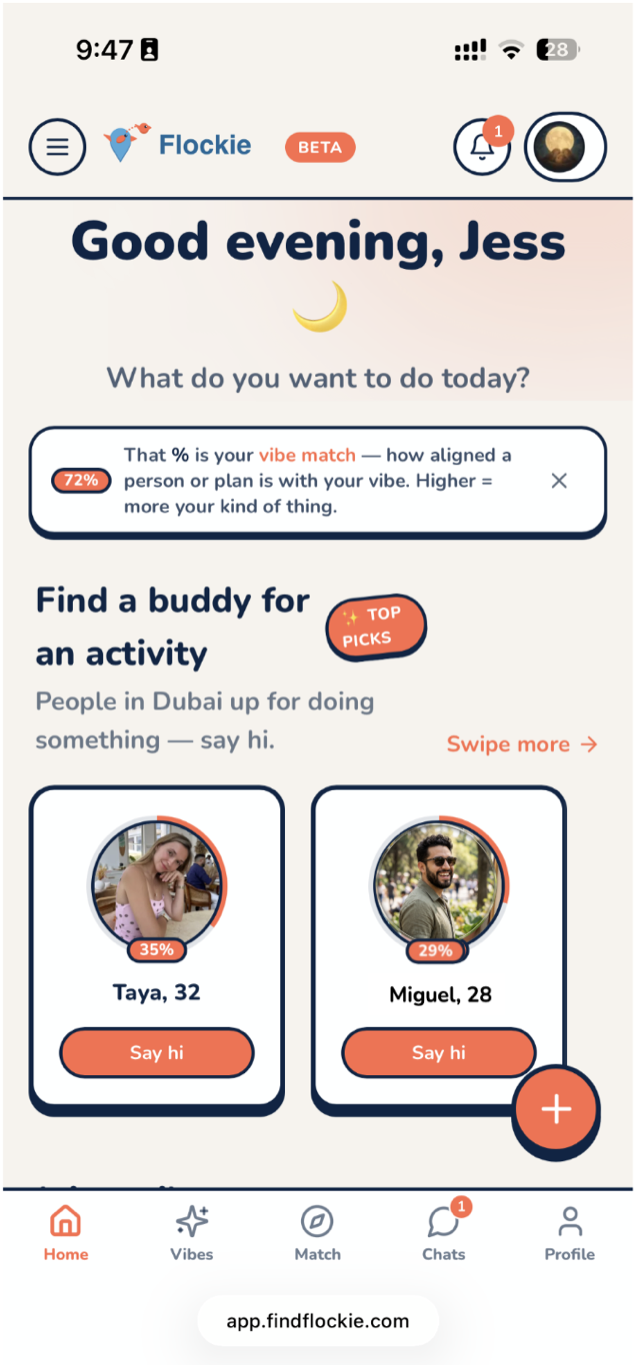The Flockie app home screen greeting Jess and prompting to find a buddy for an activity, with vibe-match percentages.