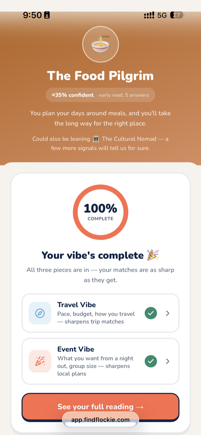 The Flockie vibe-check reveal showing the archetype 'The Food Pilgrim' with Travel Vibe and Event Vibe pieces complete.